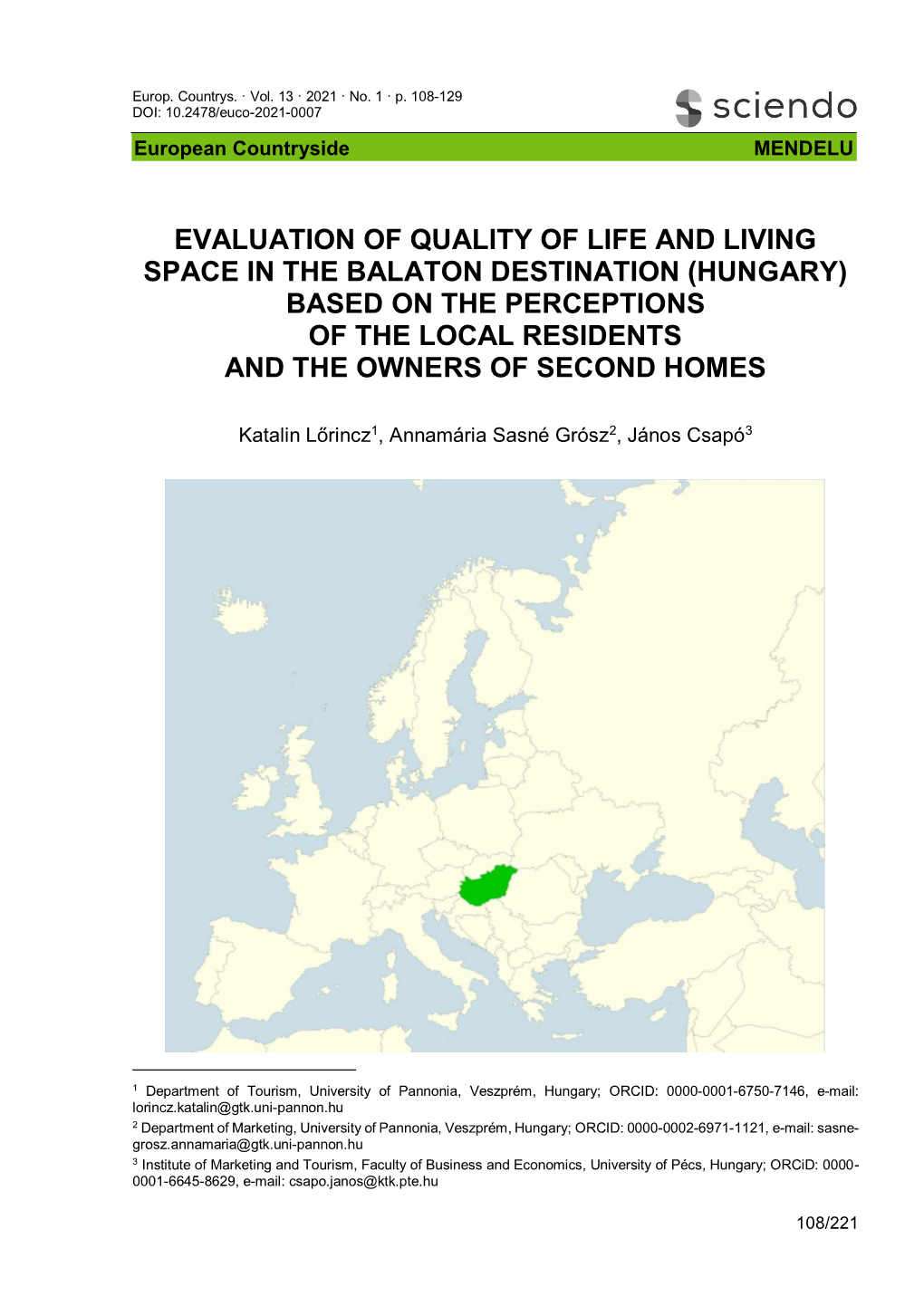 Evaluation of Quality of Life and Living Space in the Balaton Destination (Hungary) Based on the Perceptions of the Local Residents and the Owners of Second Homes