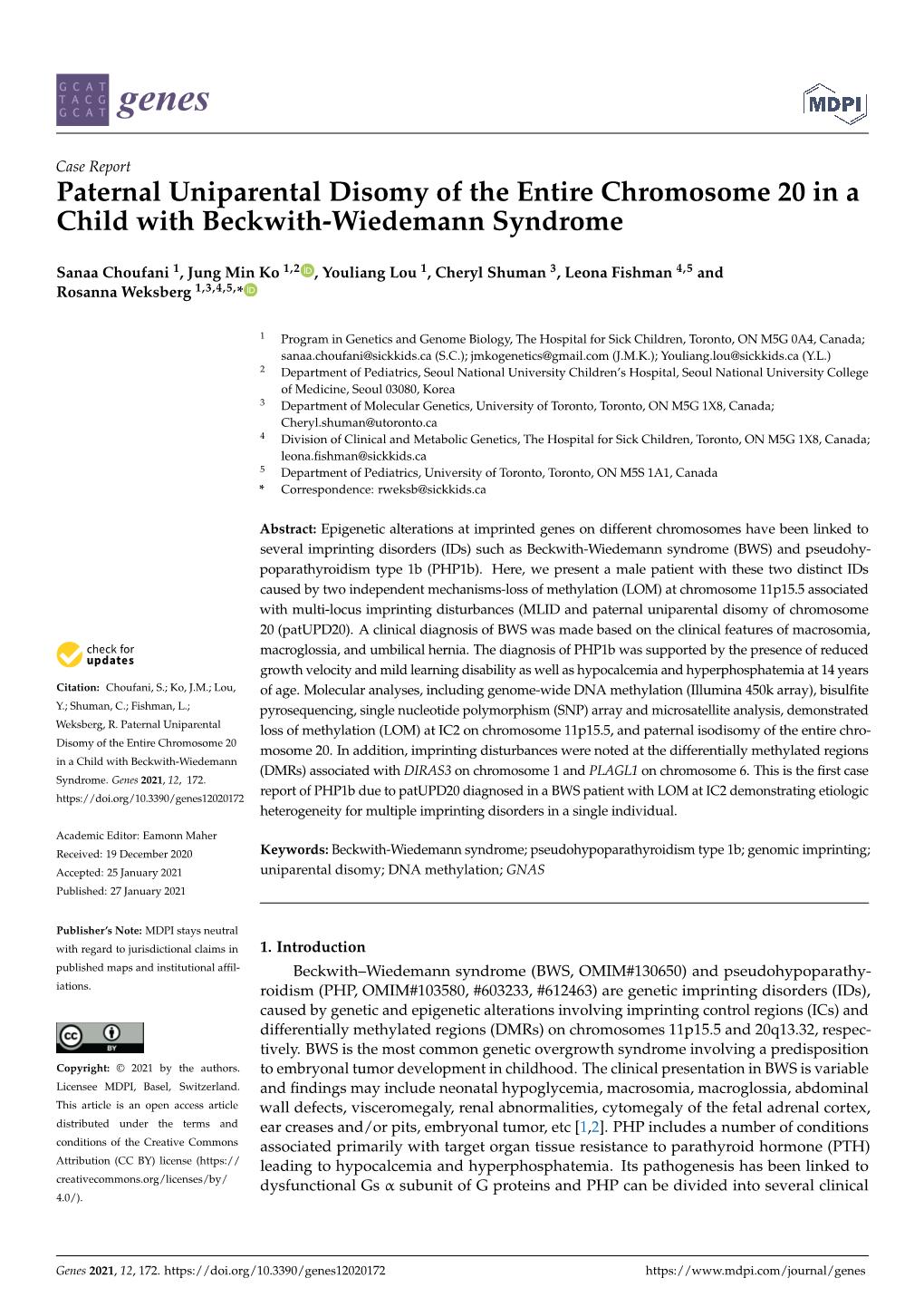 Paternal Uniparental Disomy of the Entire Chromosome 20 in a Child with Beckwith-Wiedemann Syndrome