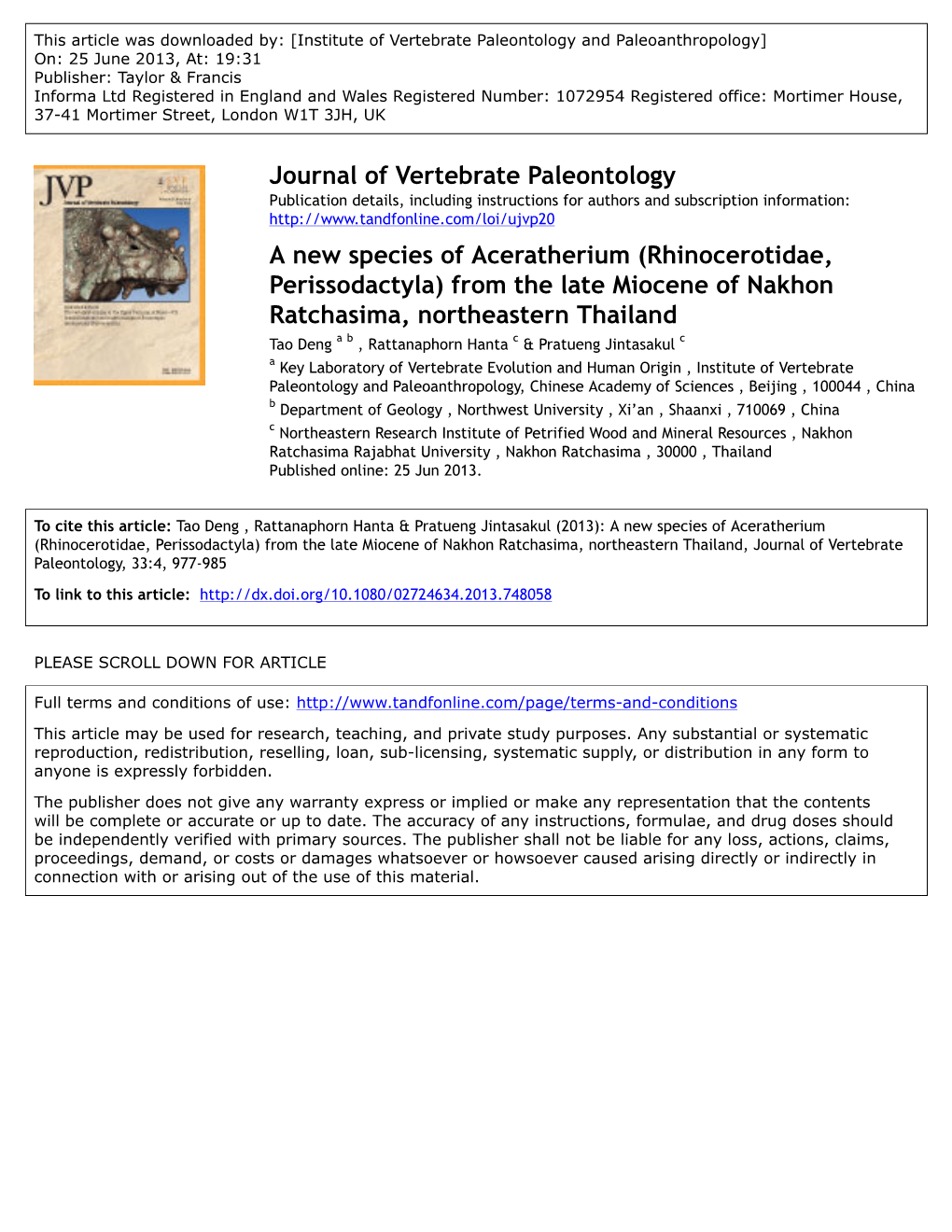 A New Species of Aceratherium (Rhinocerotidae, Perissodactyla