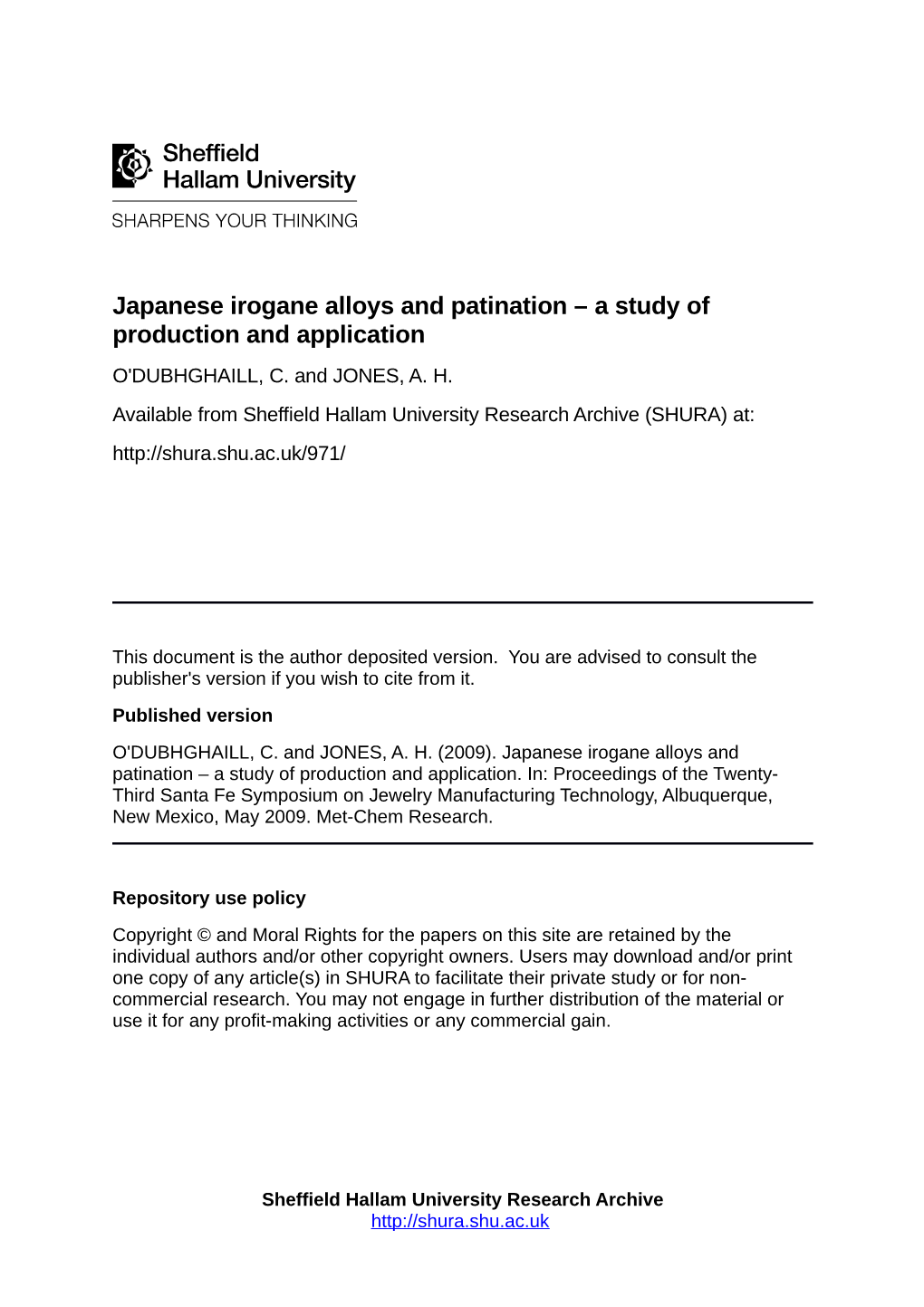 Japanese Irogane Alloys and Patination – a Study of Production and Application O'dubhghaill, C
