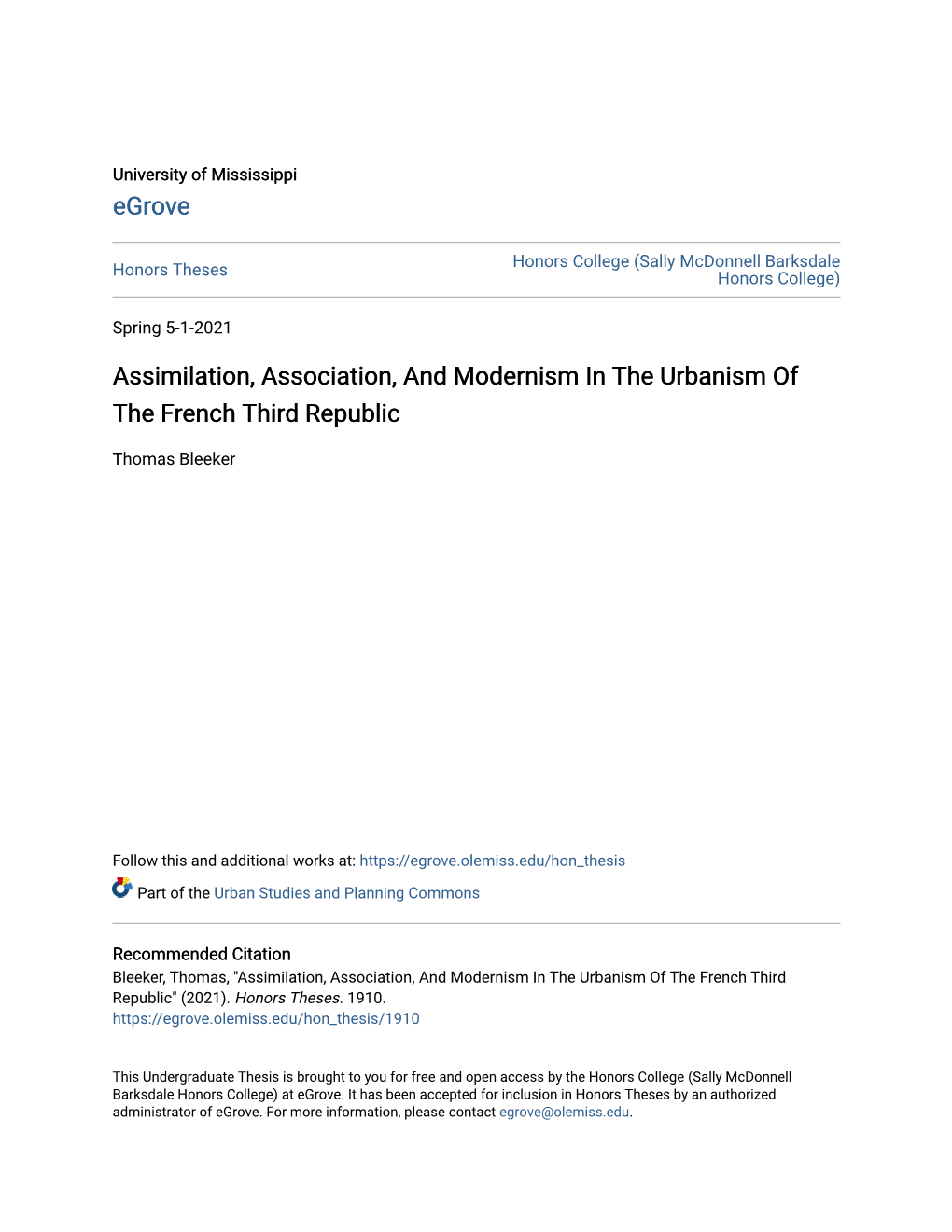 Assimilation, Association, and Modernism in the Urbanism of the French Third Republic