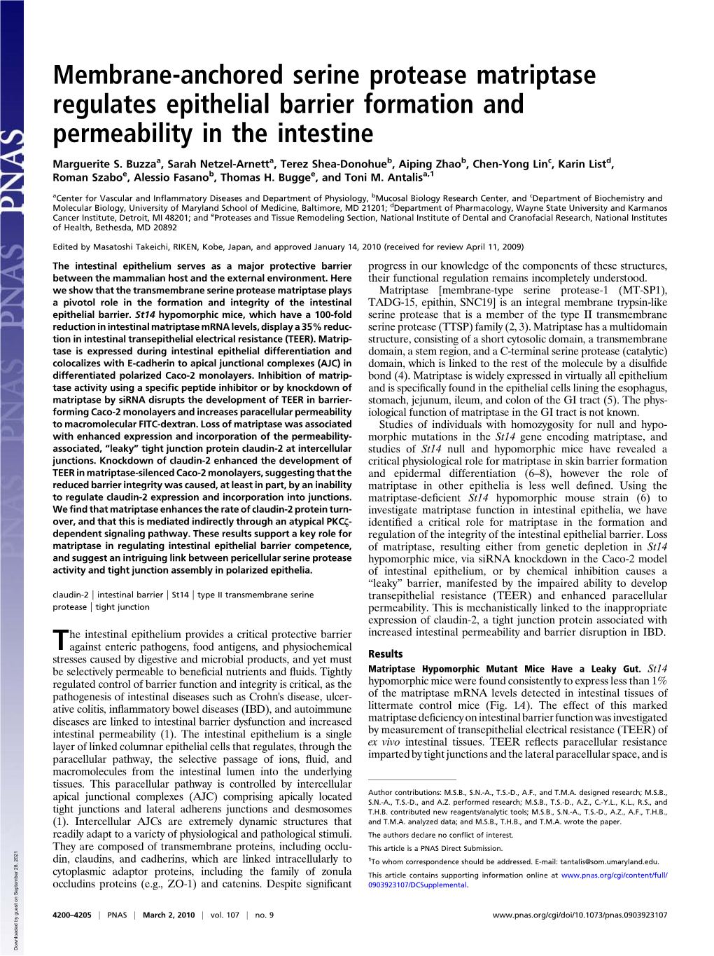 Membrane-Anchored Serine Protease Matriptase Regulates Epithelial Barrier Formation and Permeability in the Intestine