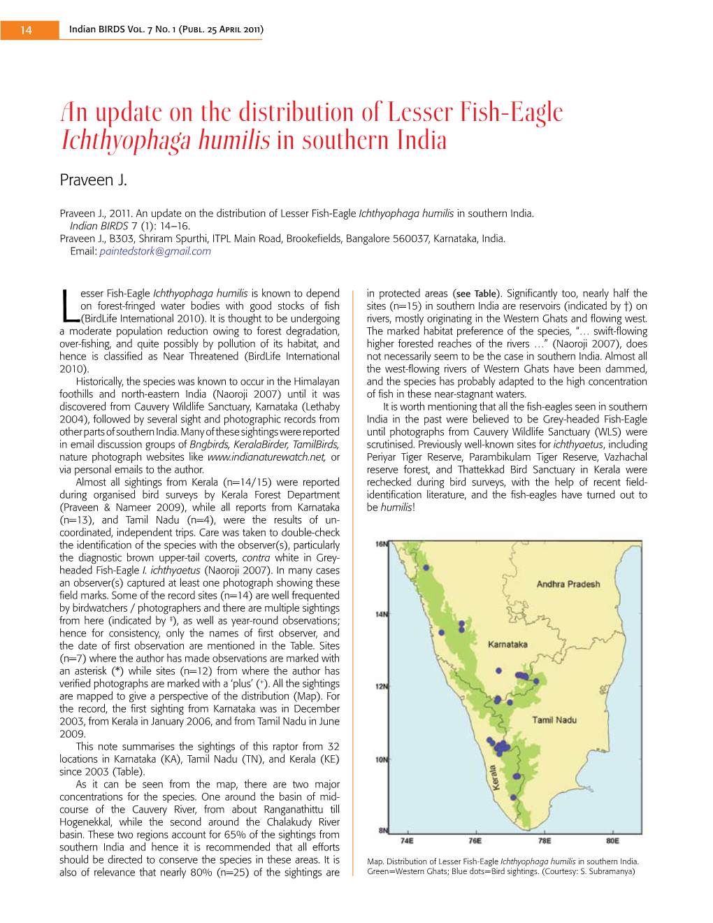 An Update on the Distribution of Lesser Fish-Eagle Ichthyophaga Humilis in Southern India