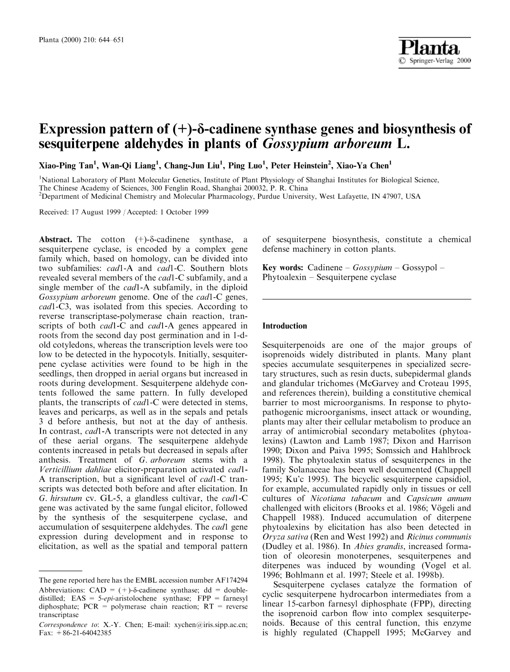 (+)-D-Cadinene Synthase Genes and Biosynthesis of Sesquiterpene Aldehydes in Plants of Gossypium Arboreum L