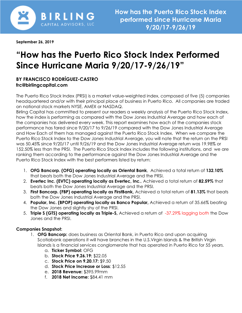 “How Has the Puerto Rico Stock Index Performed Since Hurricane Maria 9/20/17-9/26/19”