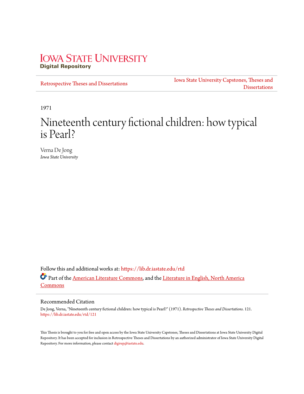 Nineteenth Century Fictional Children: How Typical Is Pearl? Verna De Jong Iowa State University