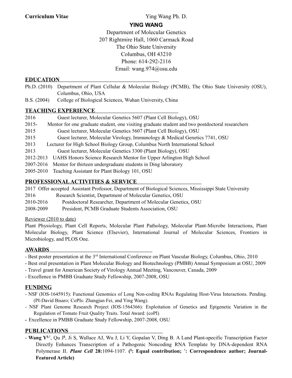 Curriculum Vitae Ying Wang Ph. D