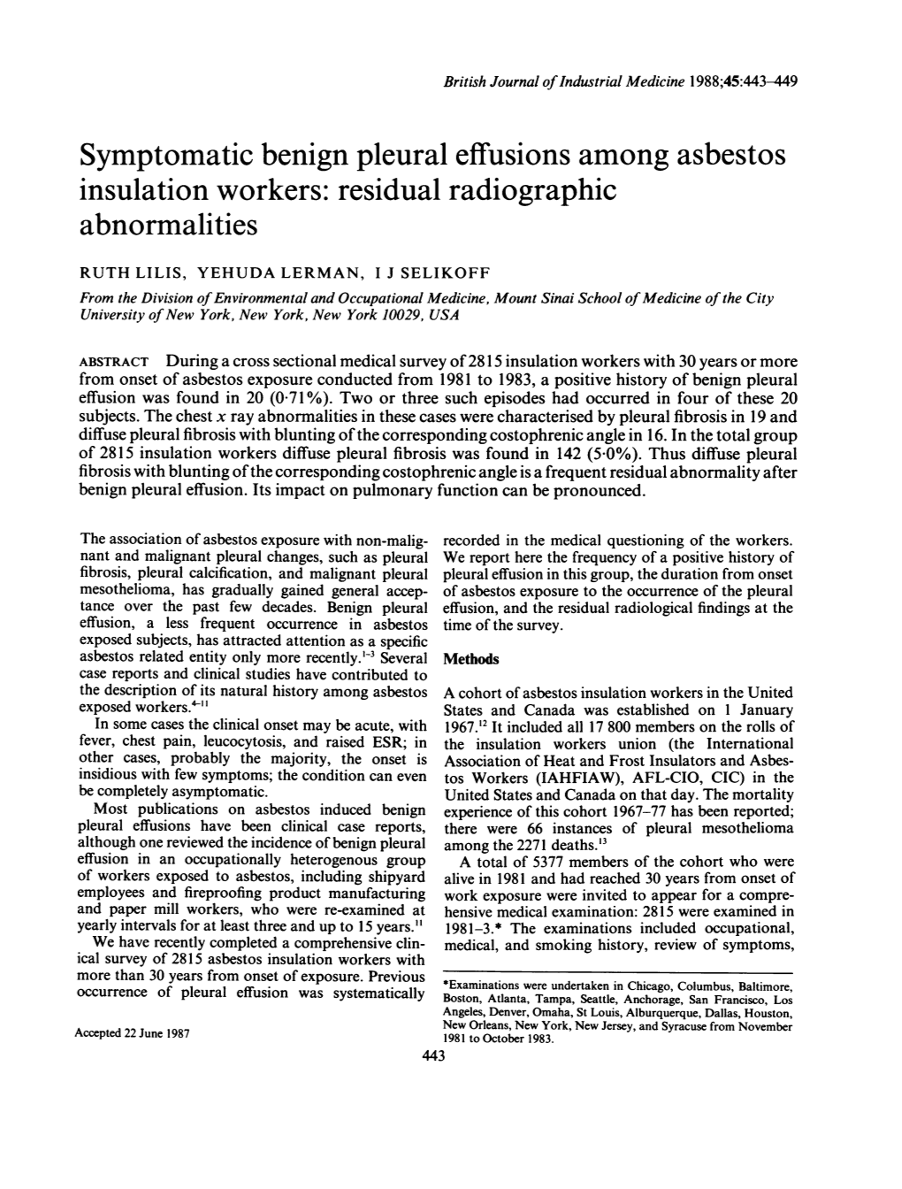 Symptomatic Benign Pleural Effusions Among Asbestos Insulation Workers: Residual Radiographic Abnormalities