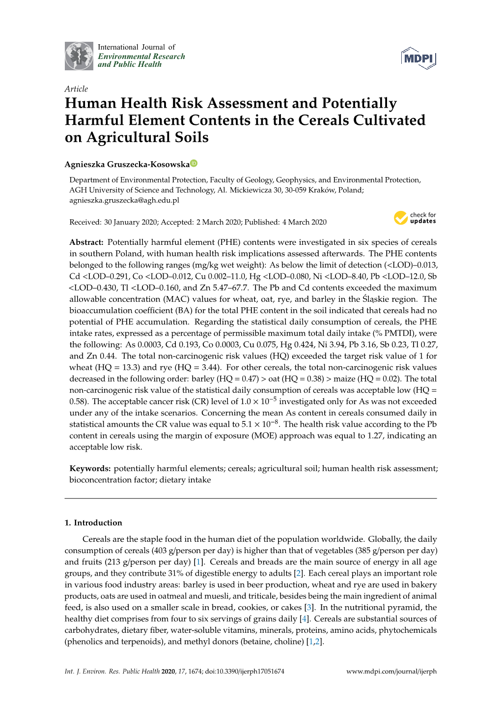 Human Health Risk Assessment and Potentially Harmful Element Contents in the Cereals Cultivated on Agricultural Soils