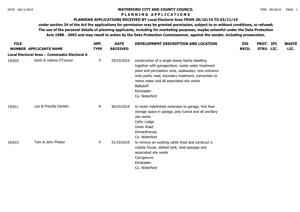 FILE NUMBER WATERFORD CITY and COUNTY COUNCIL P L a N N I N G a P P L I C a T I O N S PLANNING APPLICATIONS RECEIVED by Local