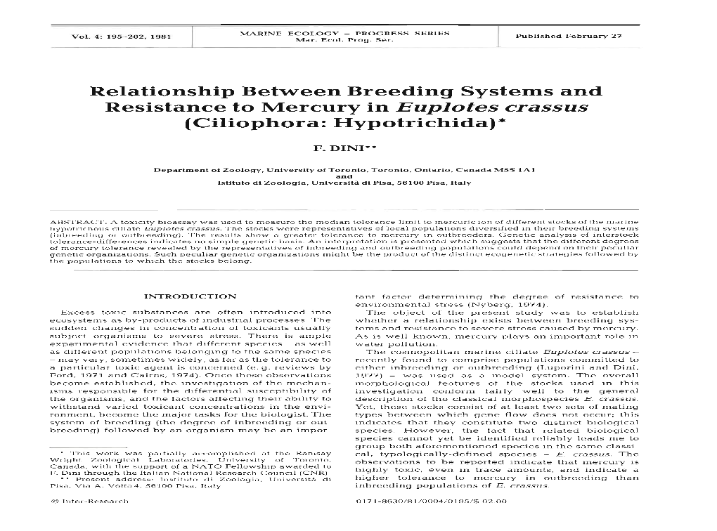 Resistance to Mercury in Euplotes Crassus (Ciliophora: Hypotrichida)'