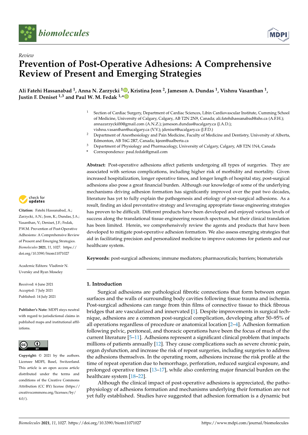 Prevention of Post-Operative Adhesions: a Comprehensive Review of Present and Emerging Strategies