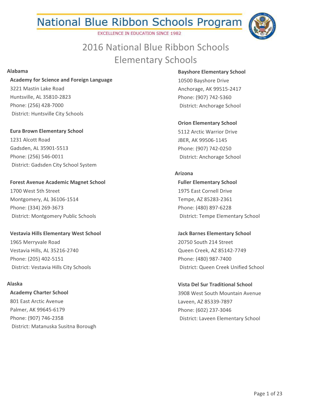 Elementary Schools: 2016 National Blue Ribbon Schools -- November 2018 (PDF)