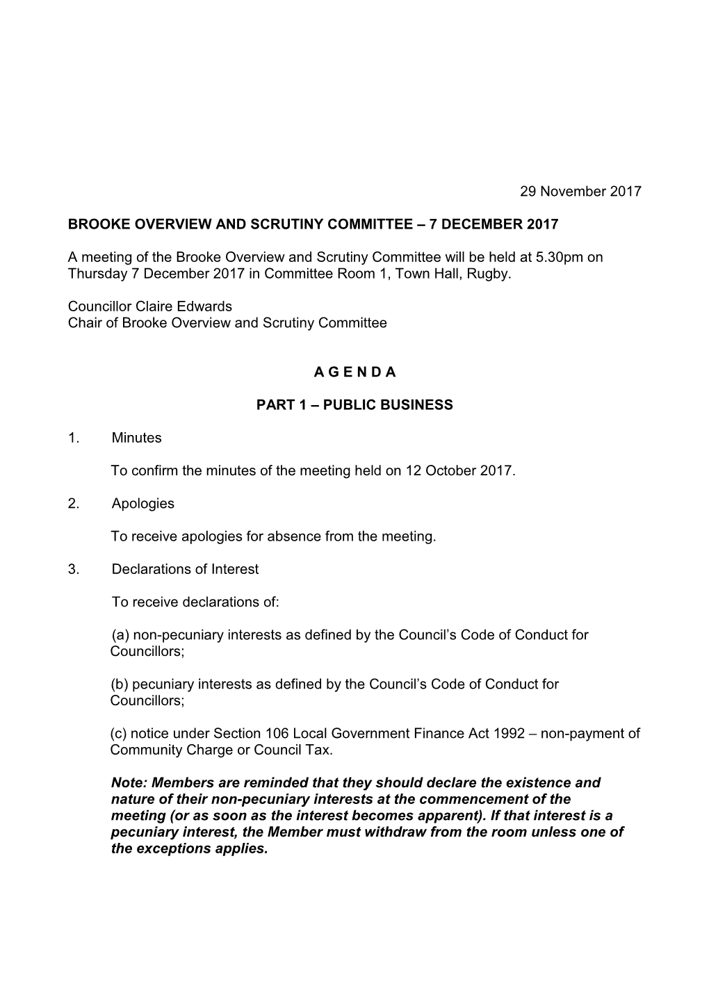 Brooke Overview and Scrutiny Committee Agenda 7 December 2017