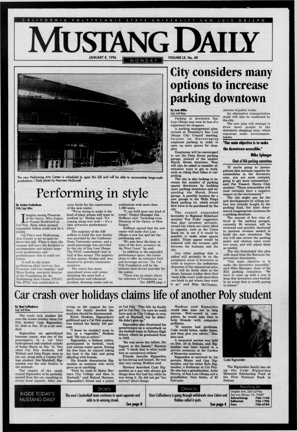 Mustang Daily, January 8, 1996