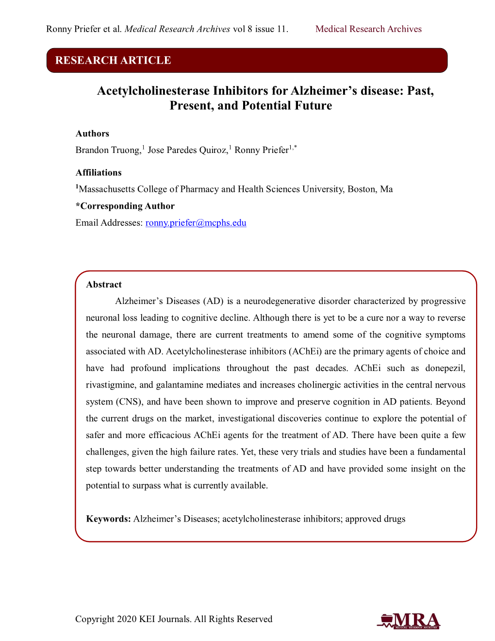Acetylcholinesterase Inhibitors for Alzheimer’S Disease: Past, Present, and Potential Future