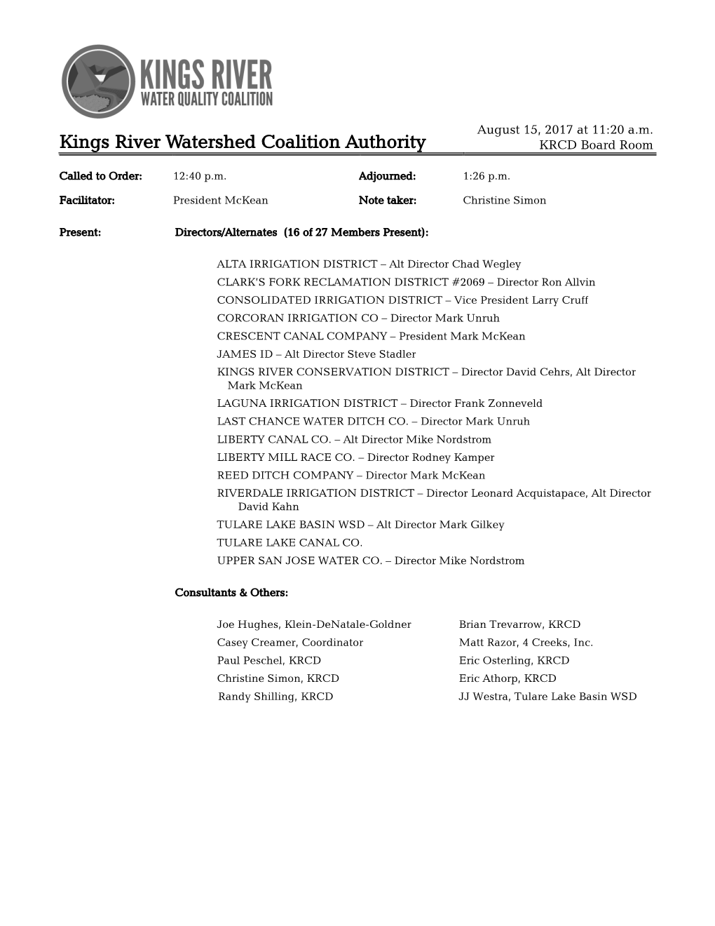 Kings River Watershed Coalition Authority KRCD Board Room