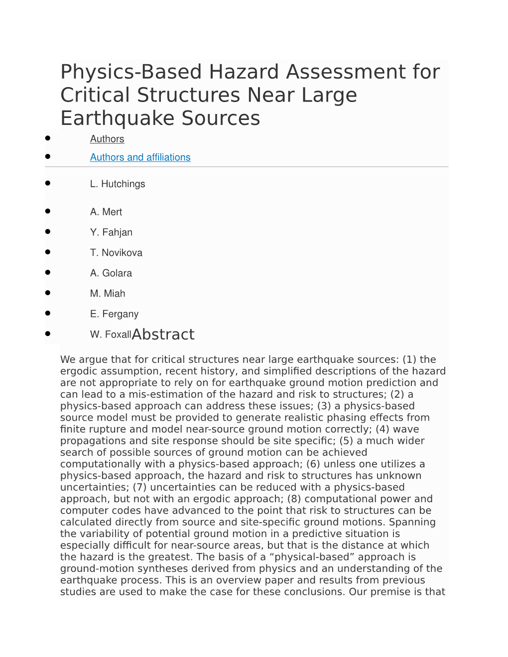 Physics-Based Hazard Assessment for Critical Structures Near Large Earthquake Sources  Authors  Authors and Affiliations