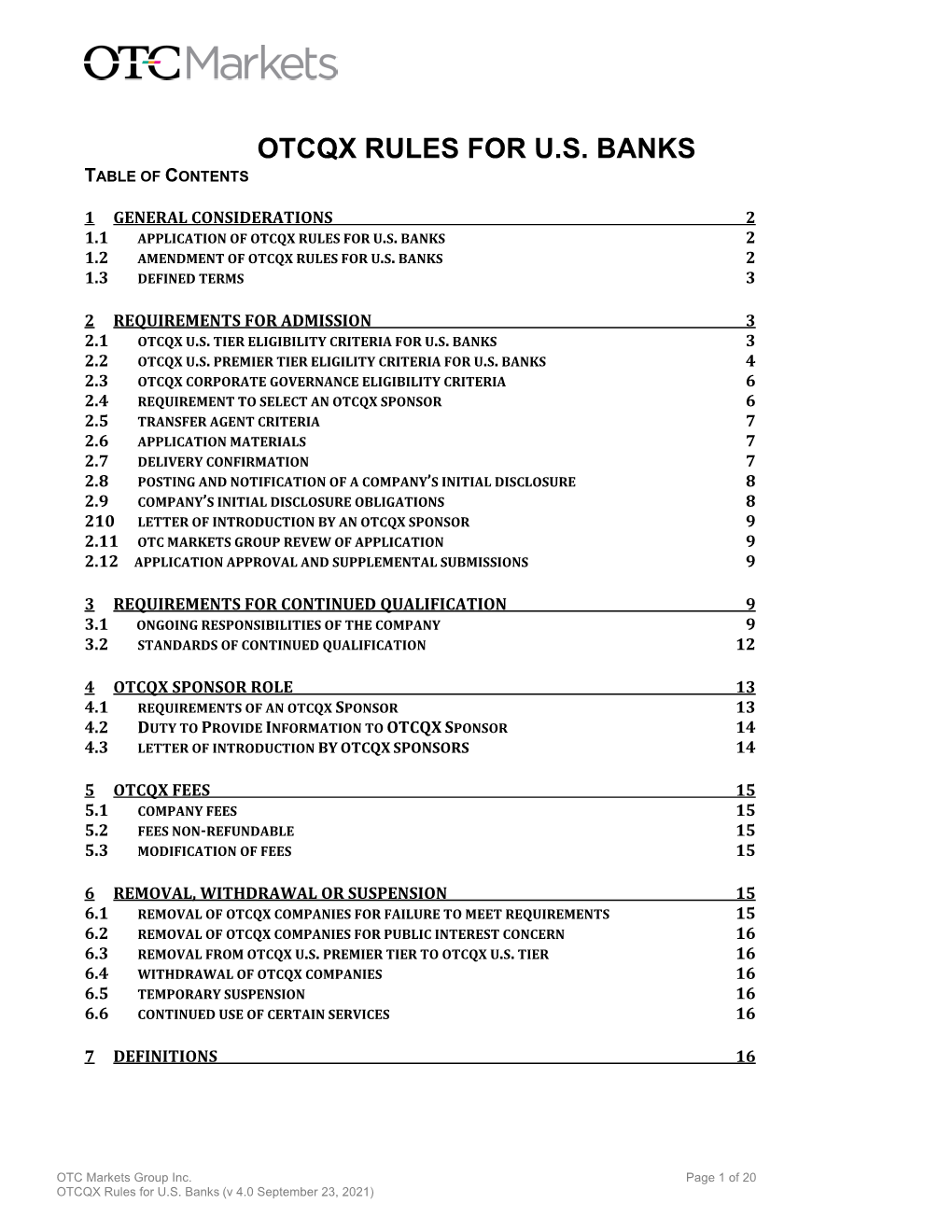 Otcqx Rules for U.S. Banks Table of Contents