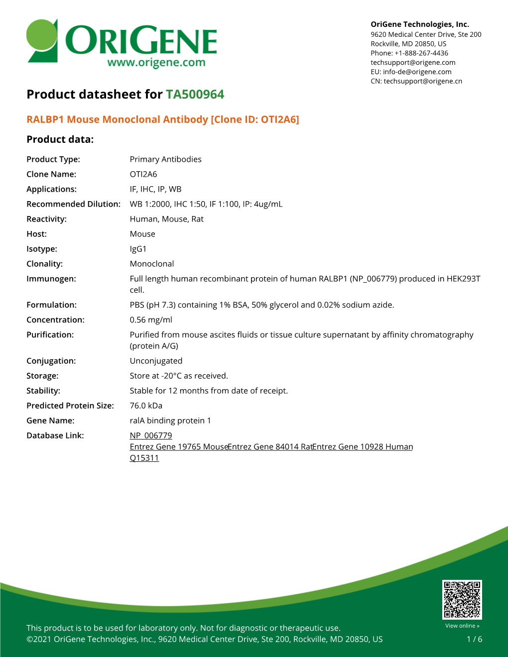 RALBP1 Mouse Monoclonal Antibody [Clone ID: OTI2A6] – TA500964 | Origene