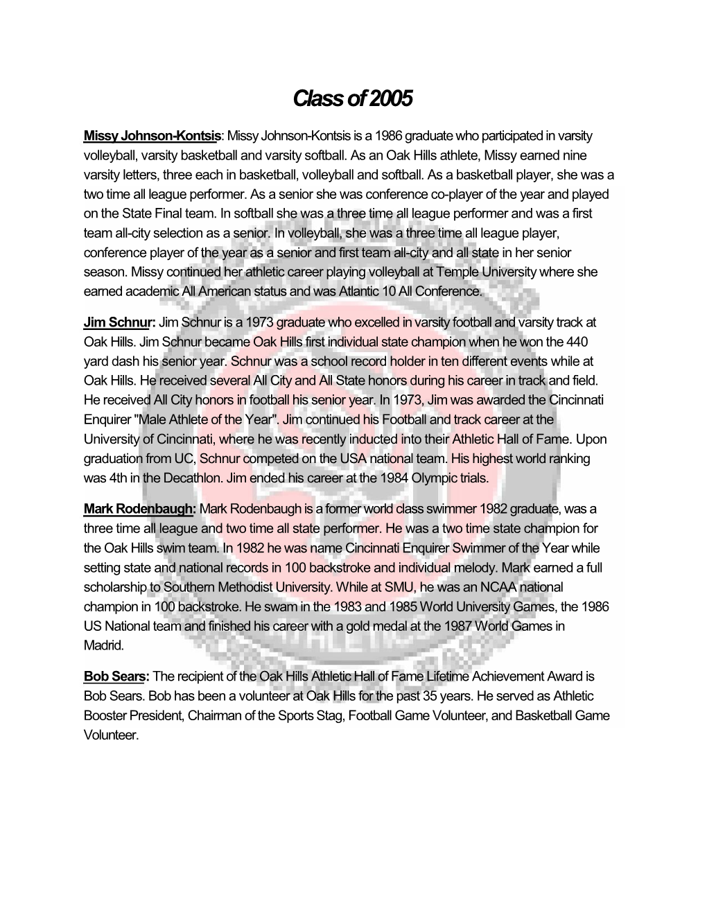 Oak Hills Athletic Hall of Fame Information, 2005-2015