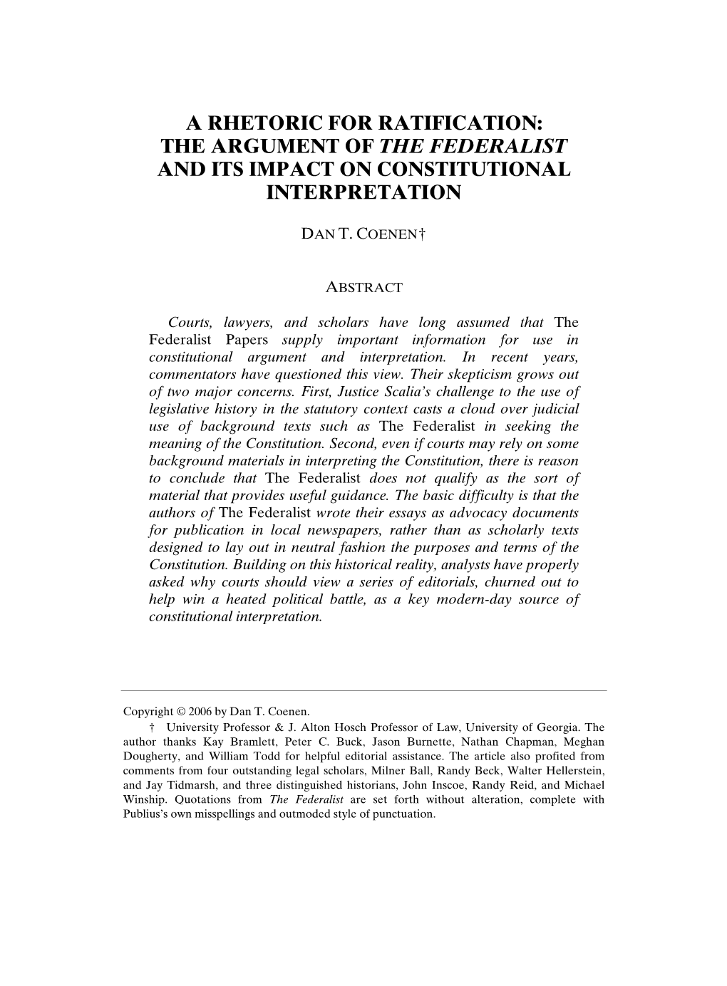 A Rhetoric for Ratification: the Argument of the Federalist and Its Impact on Constitutional Interpretation