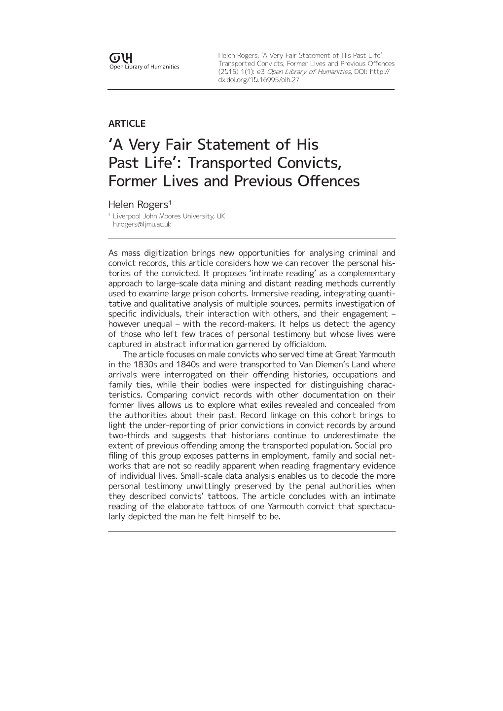 Transported Convicts, Former Lives and Previous Offences (2015) 1(1): E3 Open Library of Humanities, DOI: Dx.Doi.Org/10.16995/Olh.27