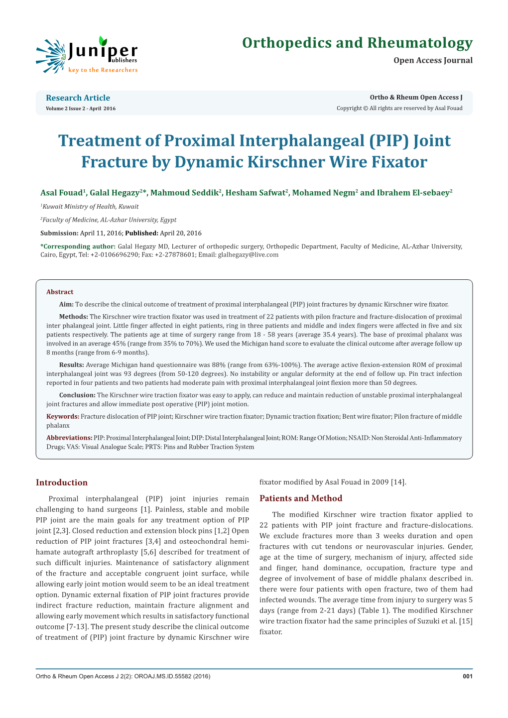 (PIP) Joint Fracture by Dynamic Kirschner Wire Fixator