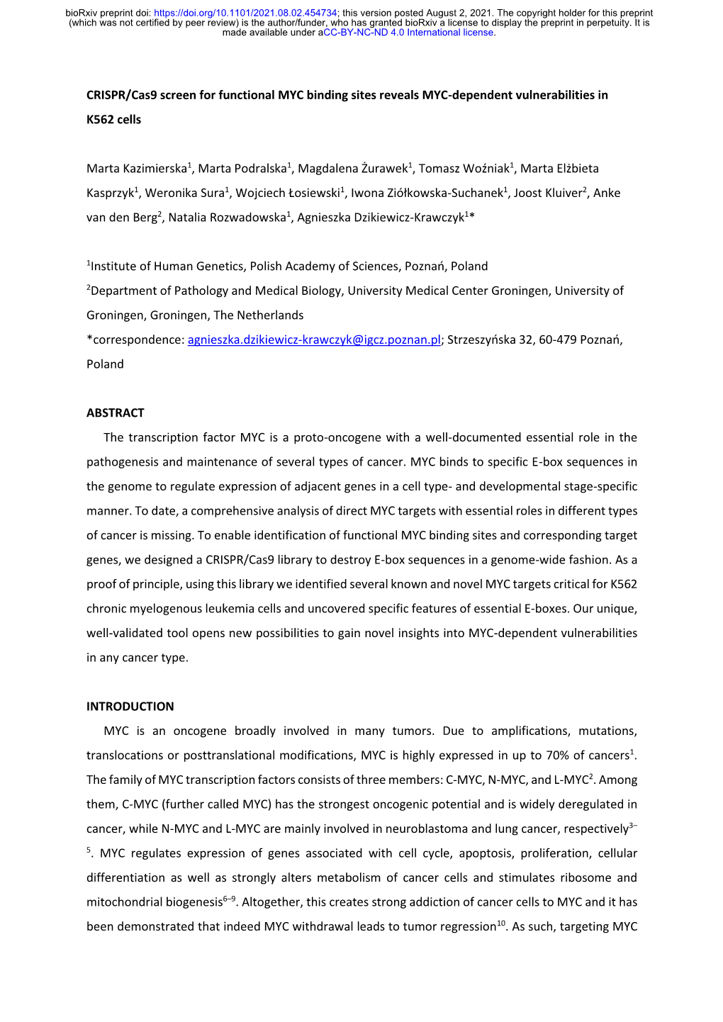 CRISPR/Cas9 Screen for Functional MYC Binding Sites Reveals MYC-Dependent Vulnerabilities in K562 Cells