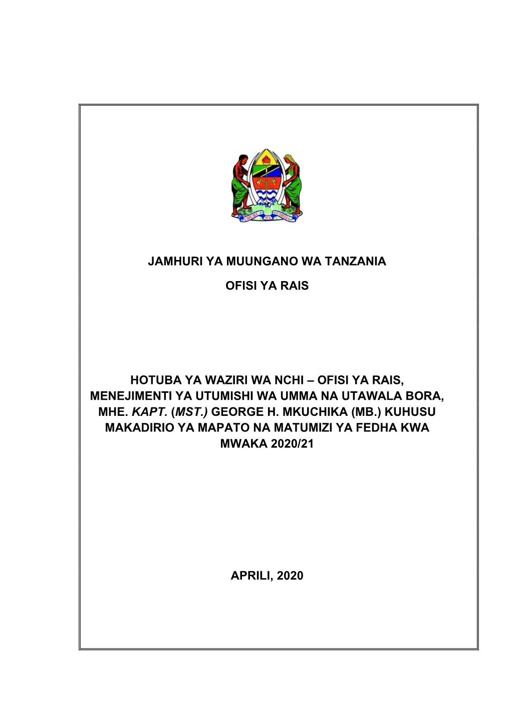 Jamhuri Ya Muungano Wa Tanzania Ofisi Ya Rais Hotuba