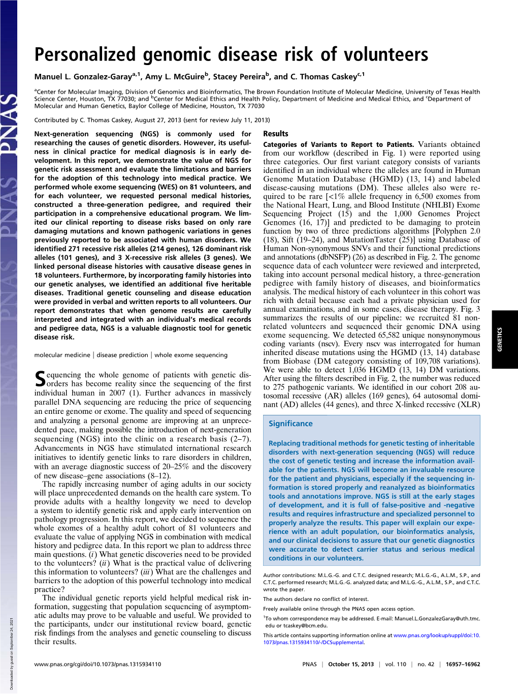 Personalized Genomic Disease Risk of Volunteers