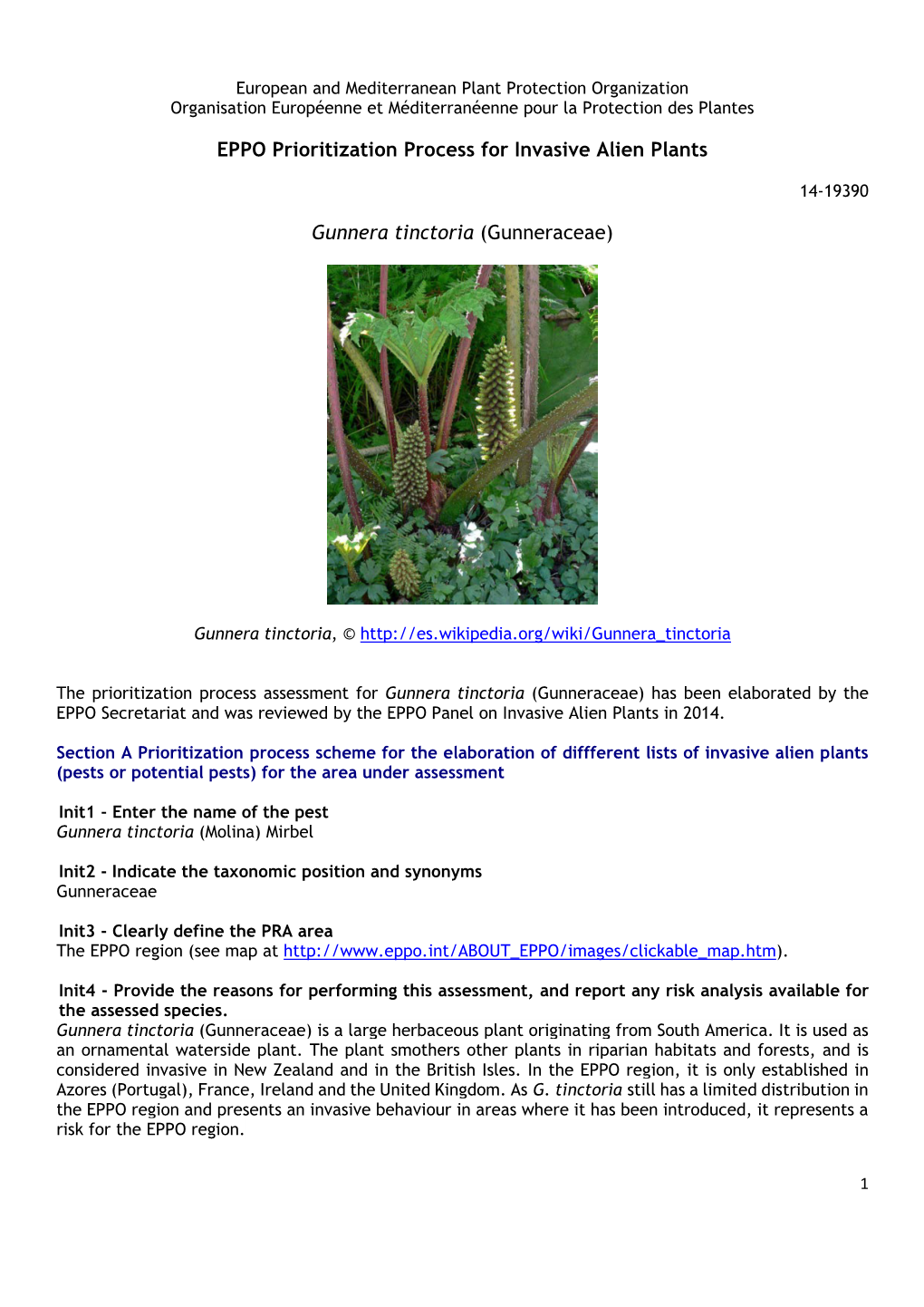 EPPO Prioritization Process for Invasive Alien Plants Gunnera