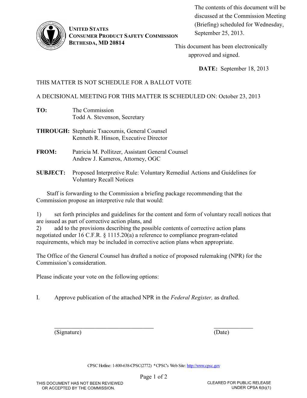 Voluntary Recall Notice NPR Ballot Vote Sheet