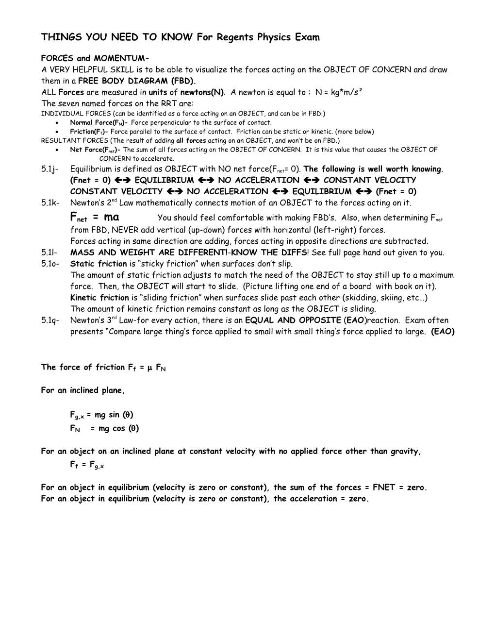 THINGS YOU NEED to KNOW for Regents Physics Exam