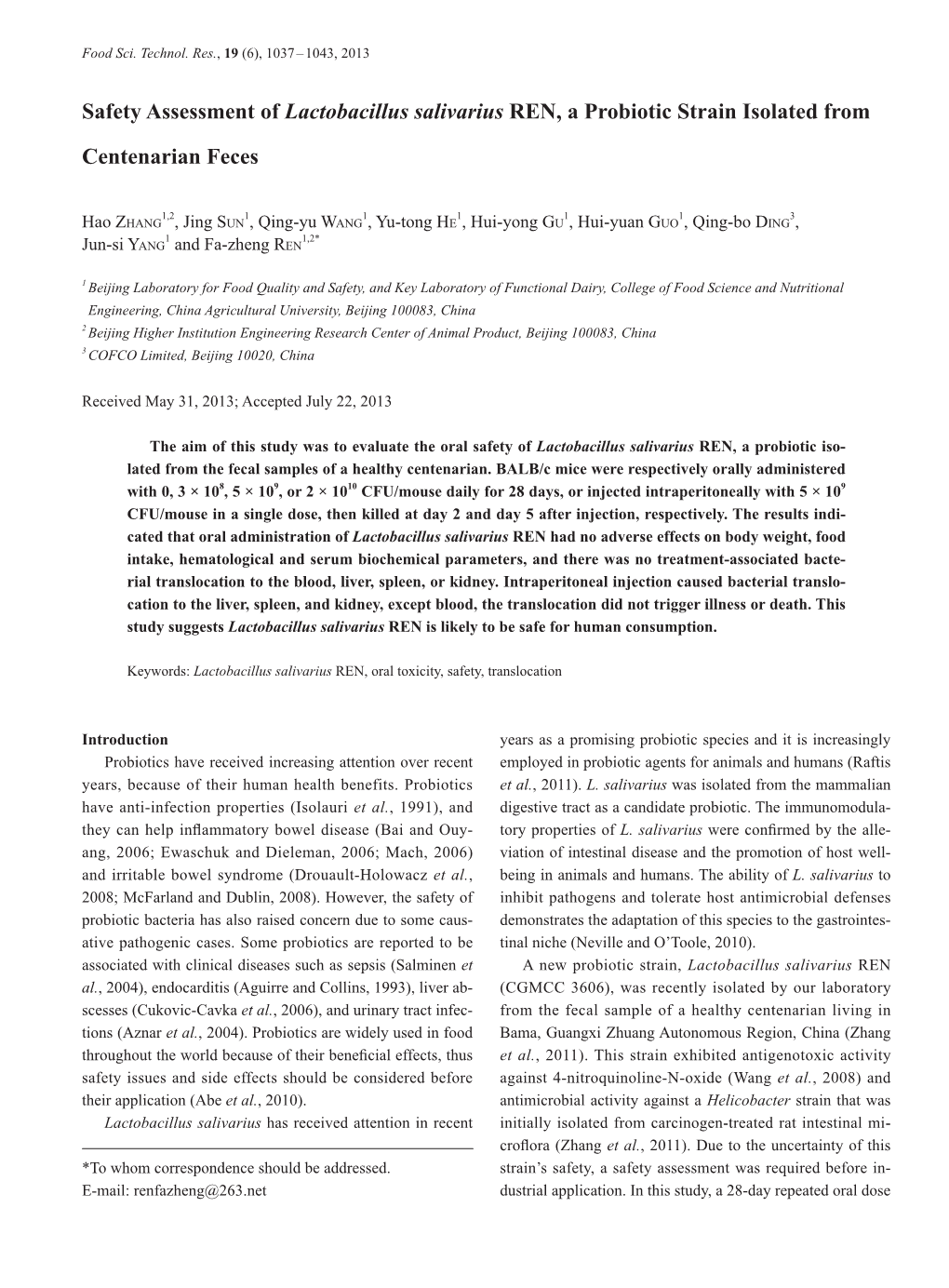 Safety Assessment of Lactobacillus Salivarius REN, a Probiotic Strain Isolated From