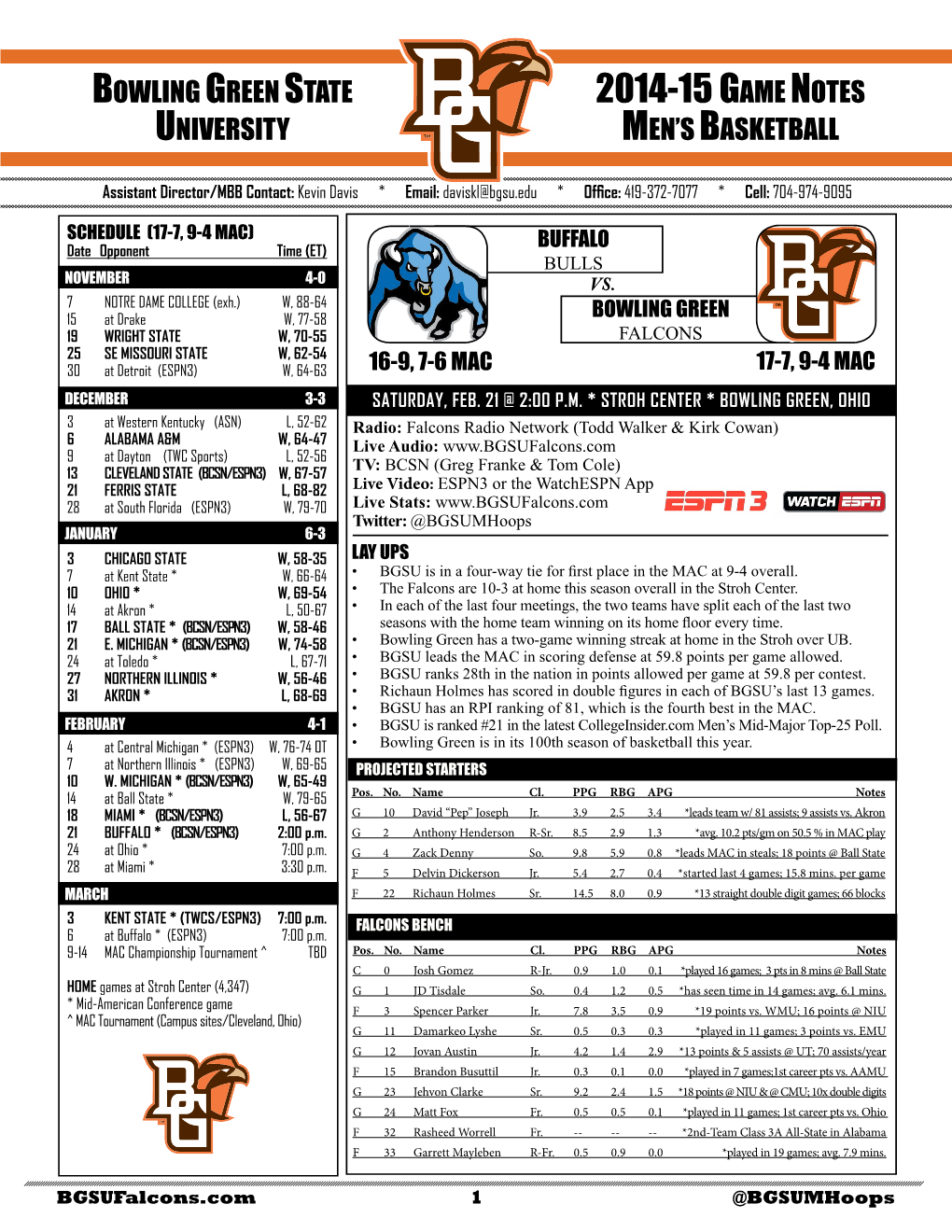 Bowling Green State University 2014-15 Game Notes Men's Basketball