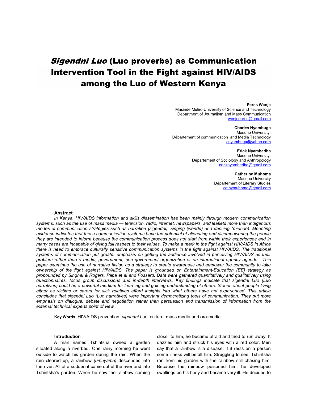 Sigendni Luo (Luo Proverbs) As Communication Intervention Tool in the Fight Against HIV/AIDS Among the Luo of Western Kenya