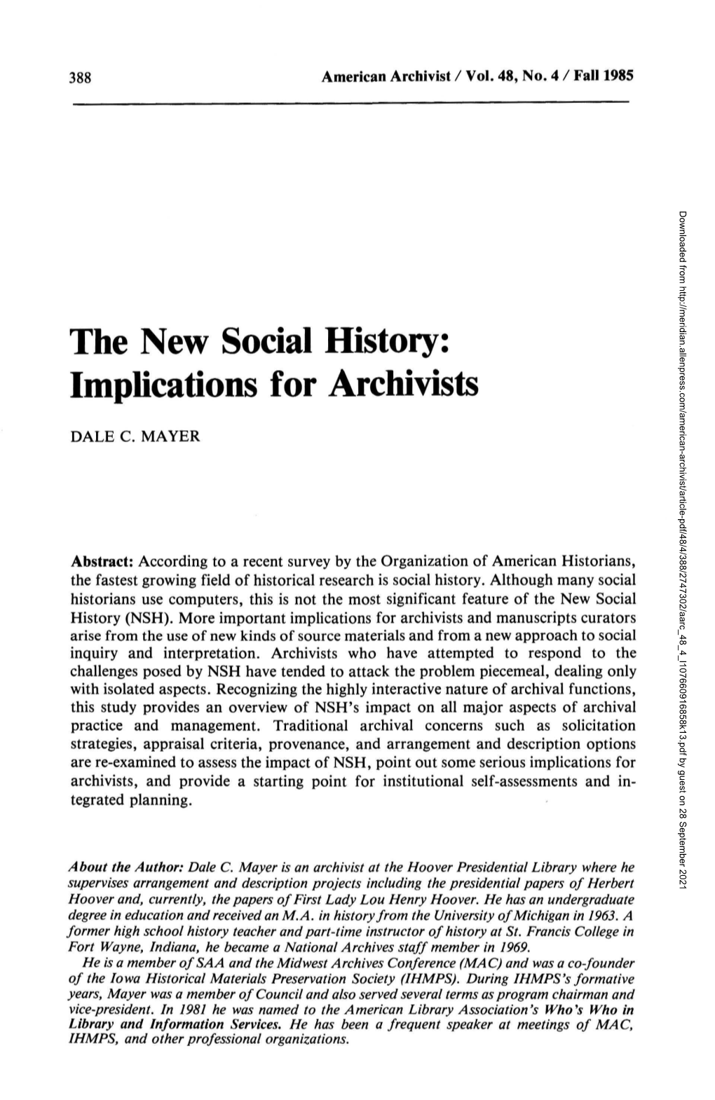 The New Social History: Implications for Archivists