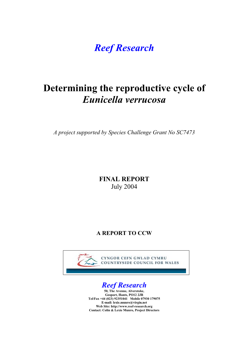 Download Eunicella Reproductive Cycle Report