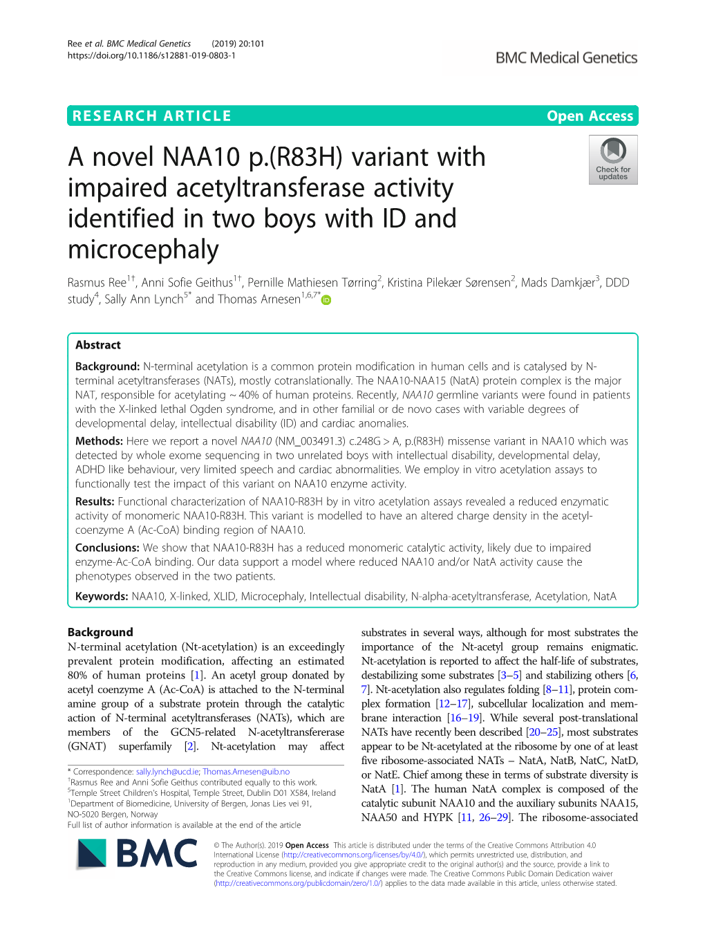 A Novel NAA10 P.(R83H) Variant with Impaired Acetyltransferase Activity