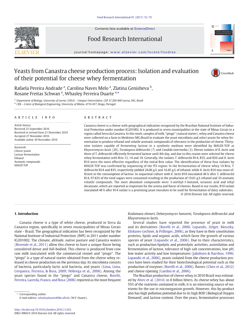 Yeasts from Canastra Cheese Production Process: Isolation and Evaluation of Their Potential for Cheese Whey Fermentation