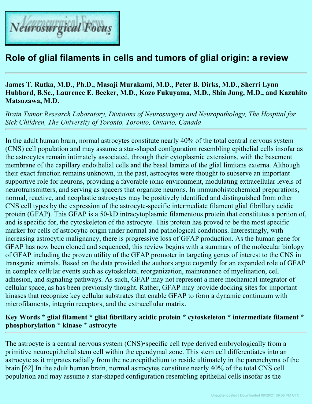 Role of Glial Filaments in Cells and Tumors of Glial Origin: a Review