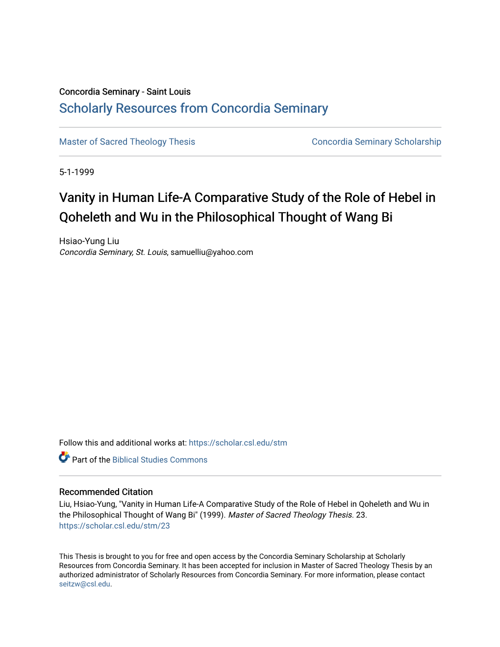 Vanity in Human Life-A Comparative Study of the Role of Hebel in Qoheleth and Wu in the Philosophical Thought of Wang Bi