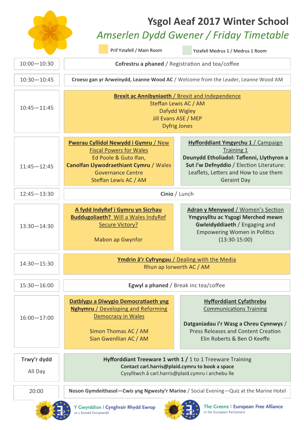 Ysgol Aeaf 2017 Winter School Amserlen Dydd Gwener / Friday Timetable