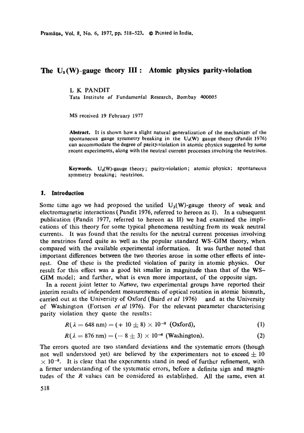 3 &lt;/Subscript&gt;(W)-Gauge Theory III: Atomic Physics Parity-Violation