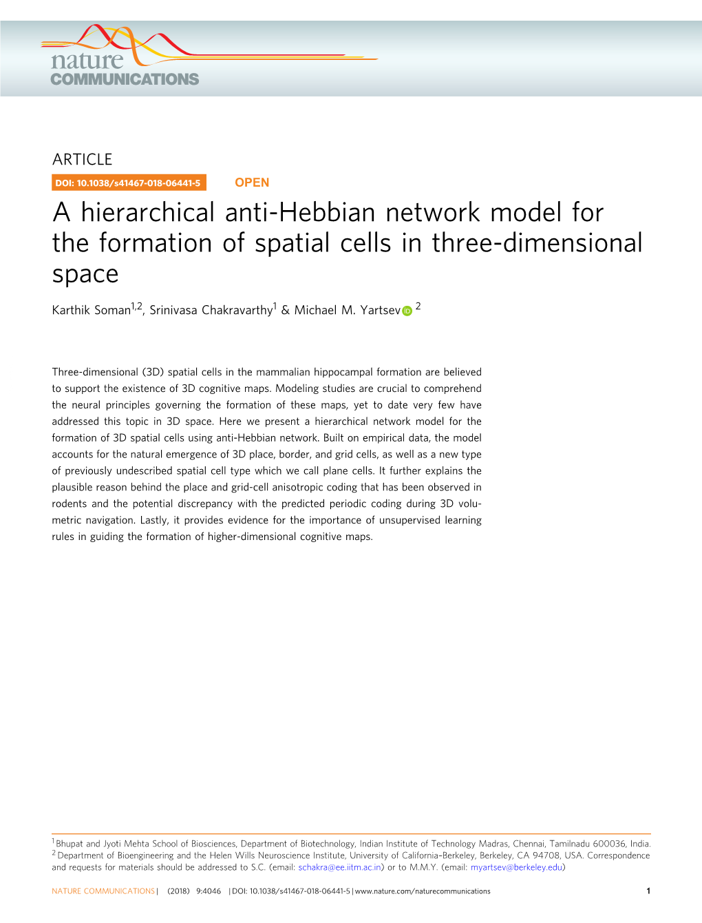 A Hierarchical Anti-Hebbian Network Model for the Formation of Spatial Cells in Three-Dimensional Space