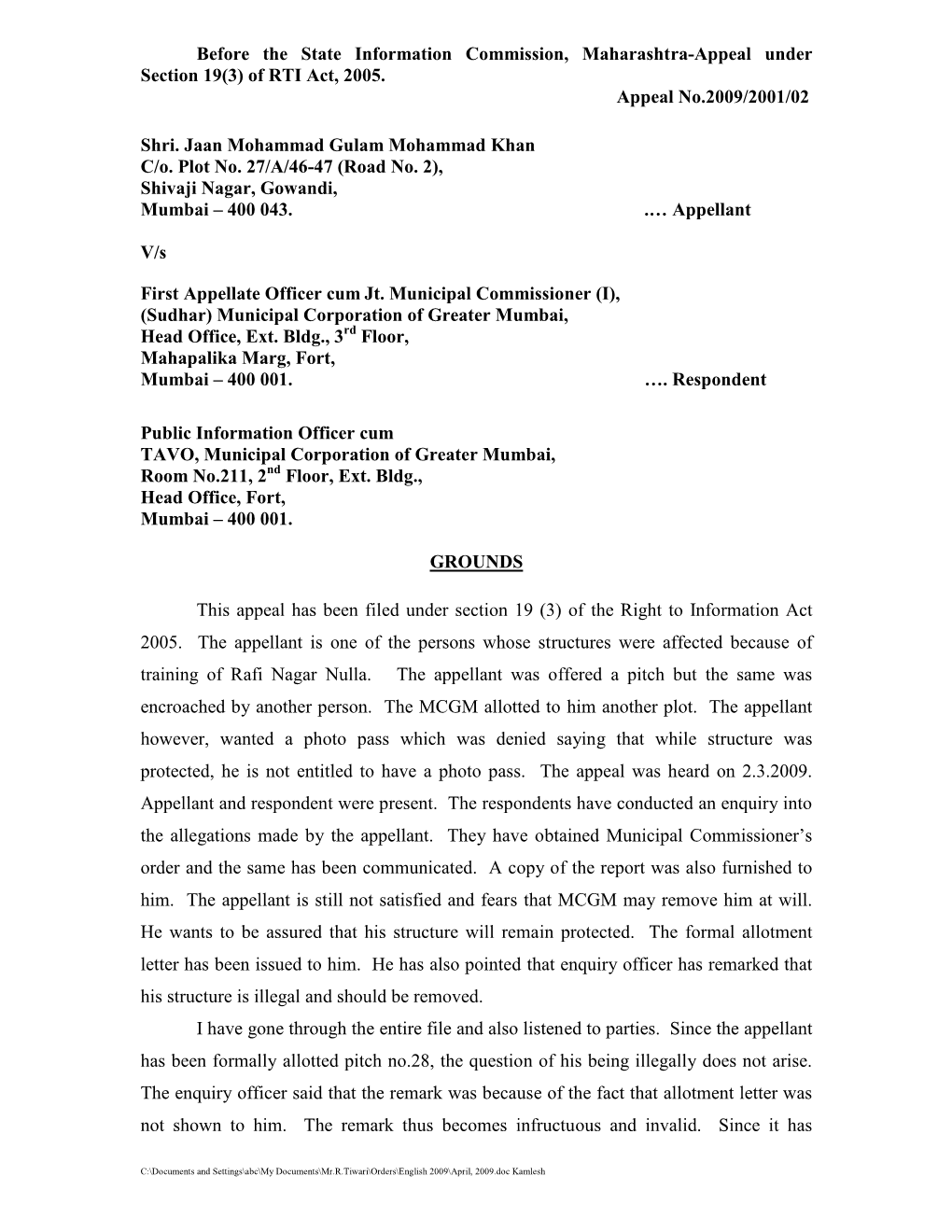 Before the State Information Commission, Maharashtra-Appeal Under Section 19(3) of RTI Act, 2005