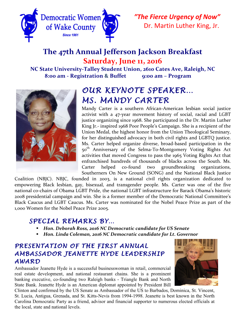 The 47Th Annual Jefferson Jackson Breakfast Saturday, June 11, 2016