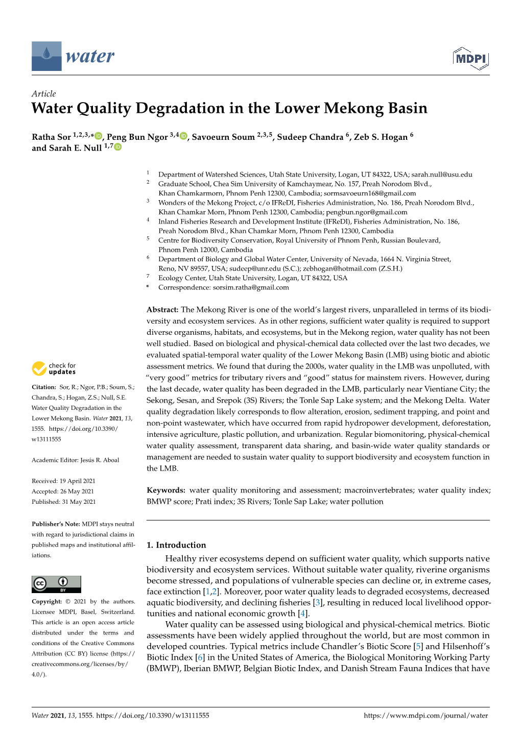 Water Quality Degradation in the Lower Mekong Basin