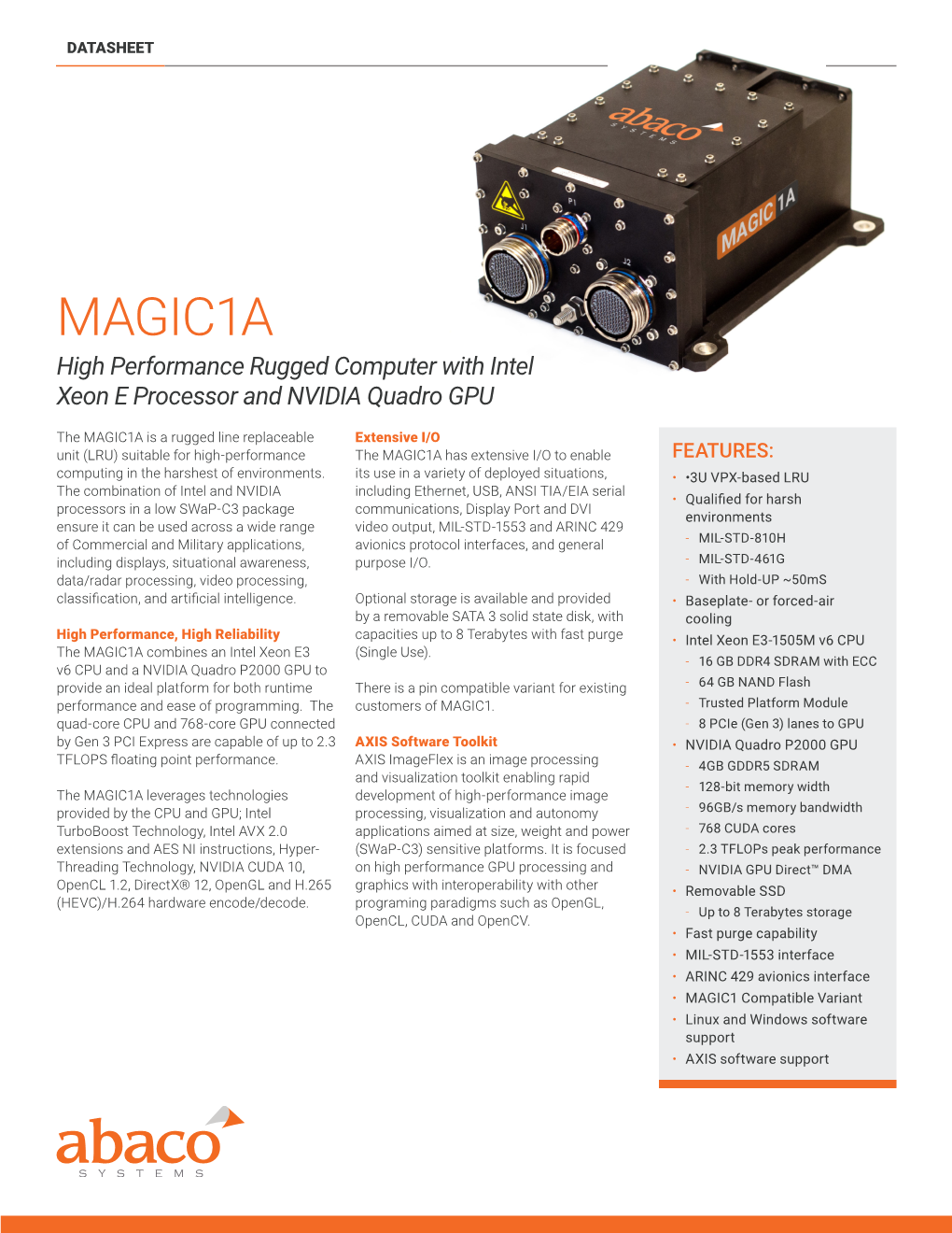 MAGIC1A High Performance Rugged Computer with Intel Xeon E Processor and NVIDIA Quadro GPU